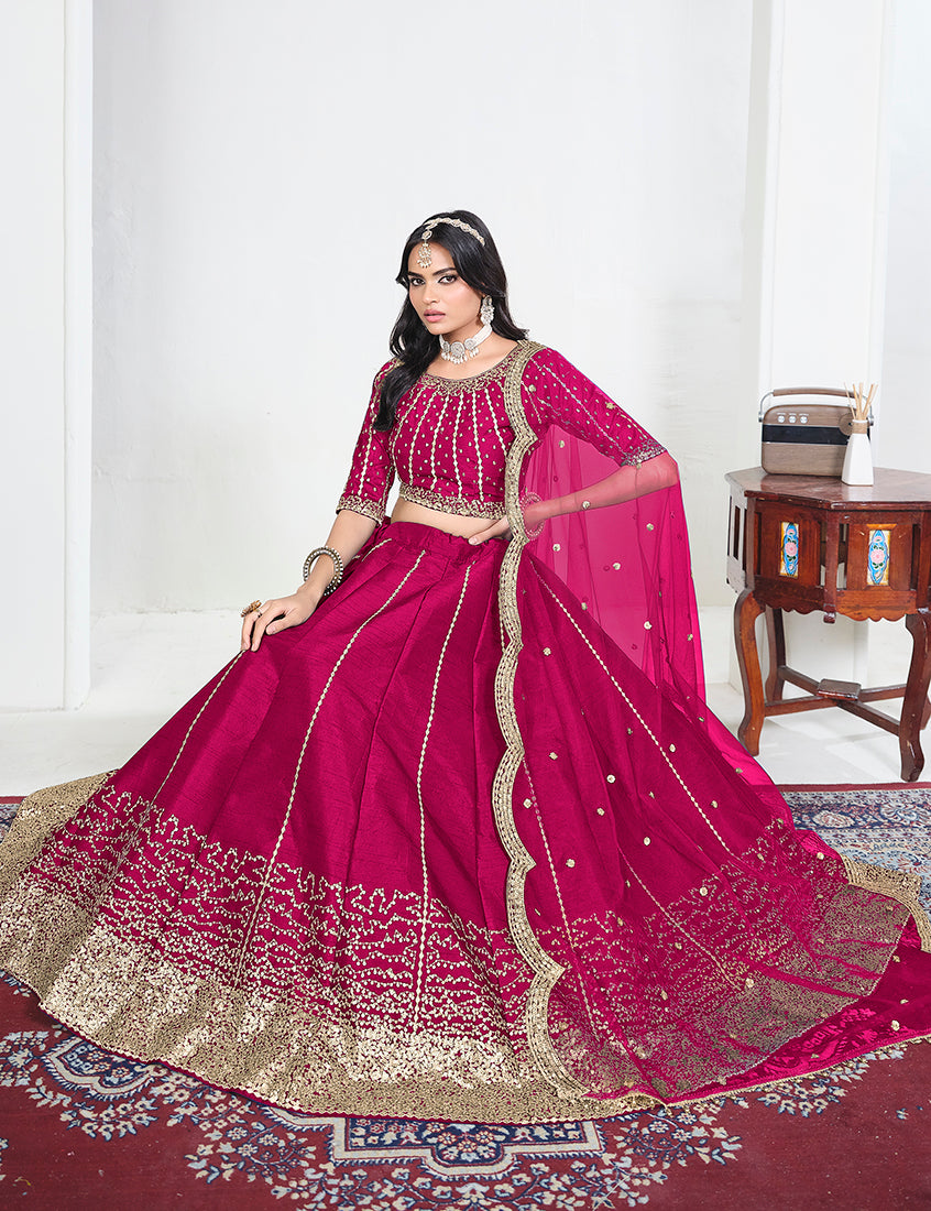 Rani Pink Art Silk Embroidered Lehenga Choli, seated view