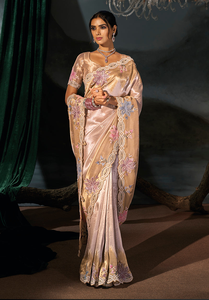 Rose Gold Silk Blend Saree with Scalloped Floral Border, pallu drape