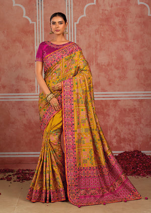 Mustard Silk Blend Saree with Striped Border