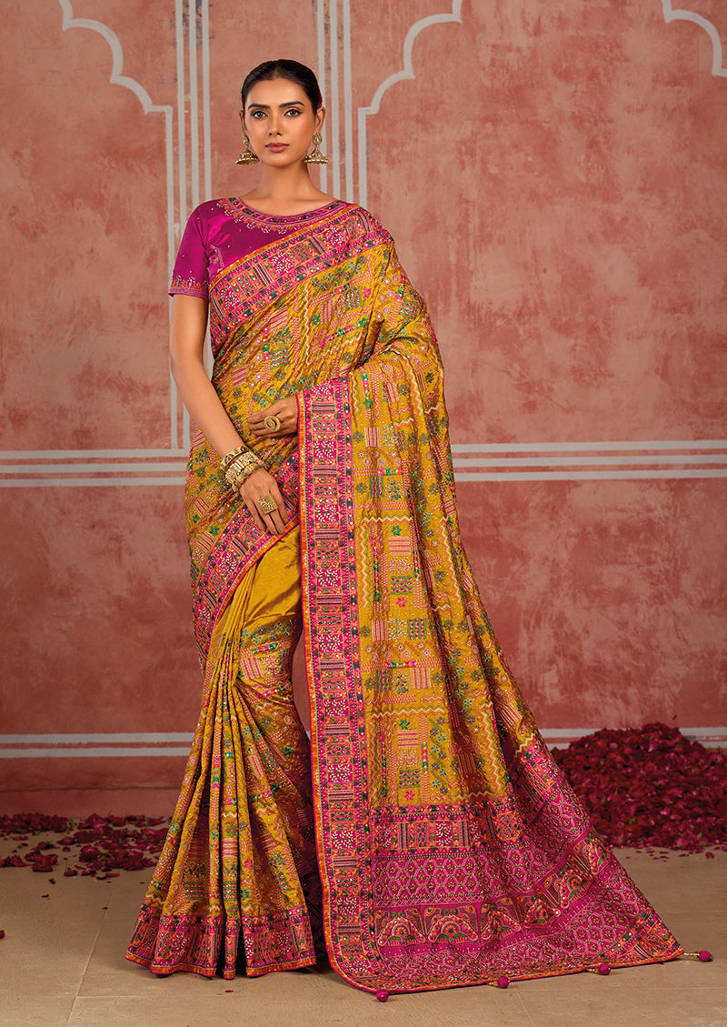 Mustard Silk Blend Saree with Striped Border, front