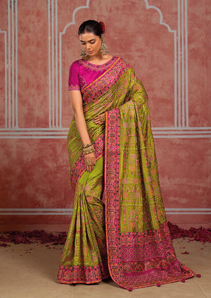 Parrot Green Silk Blend Saree with Geometric Motifs