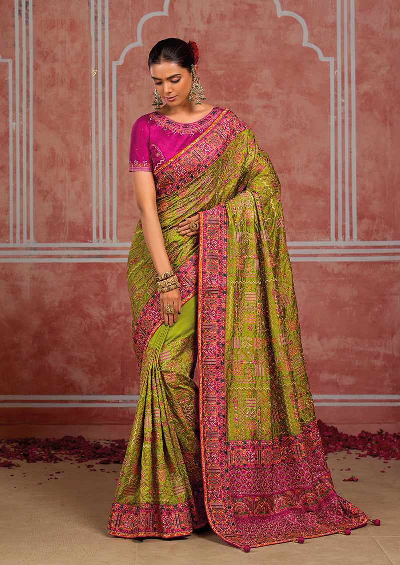 Parrot Green Silk Blend Saree with Geometric Motifs, front