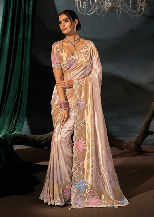 Rose Gold Silk Blend Saree with Scalloped Floral Border