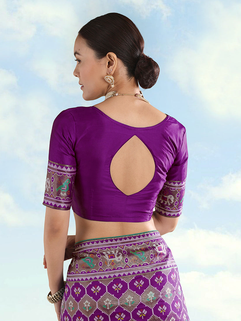Purple Patola-Style Satin Saree with Elephant Motifs, blouse back