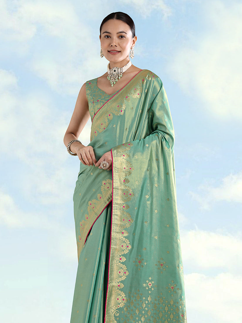 Light Blue Tissue Silk Saree with Zari Paisley Pallu, three-quarter view