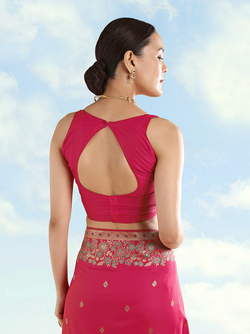 Rani Pink Banarasi-Style Satin Saree with Peacock Pallu, blouse back