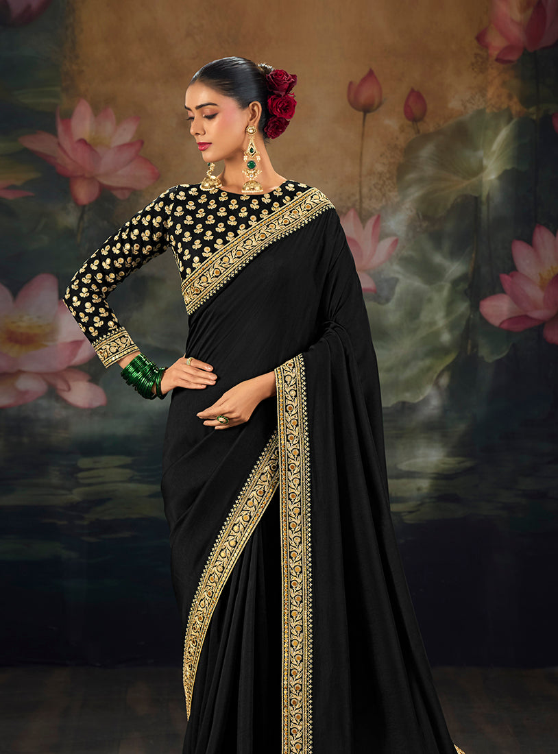 Black Silk Blend Saree with Zari Scrollwork, side drape