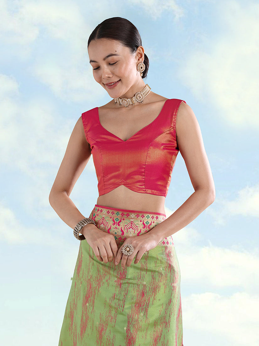 Light Green Paithani-Style Tissue Silk Saree with Contrast Border, blouse front