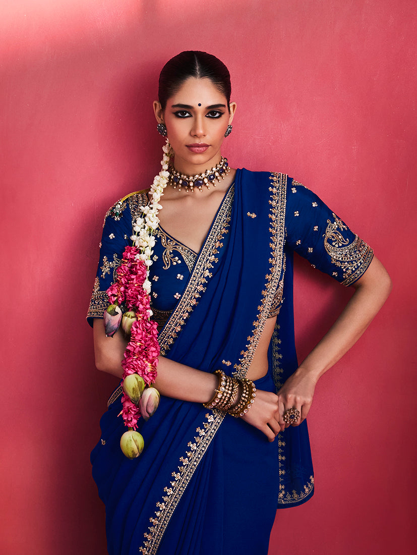 Royal Blue Silk Blend Saree with Embroidered Blouse, three-quarter view