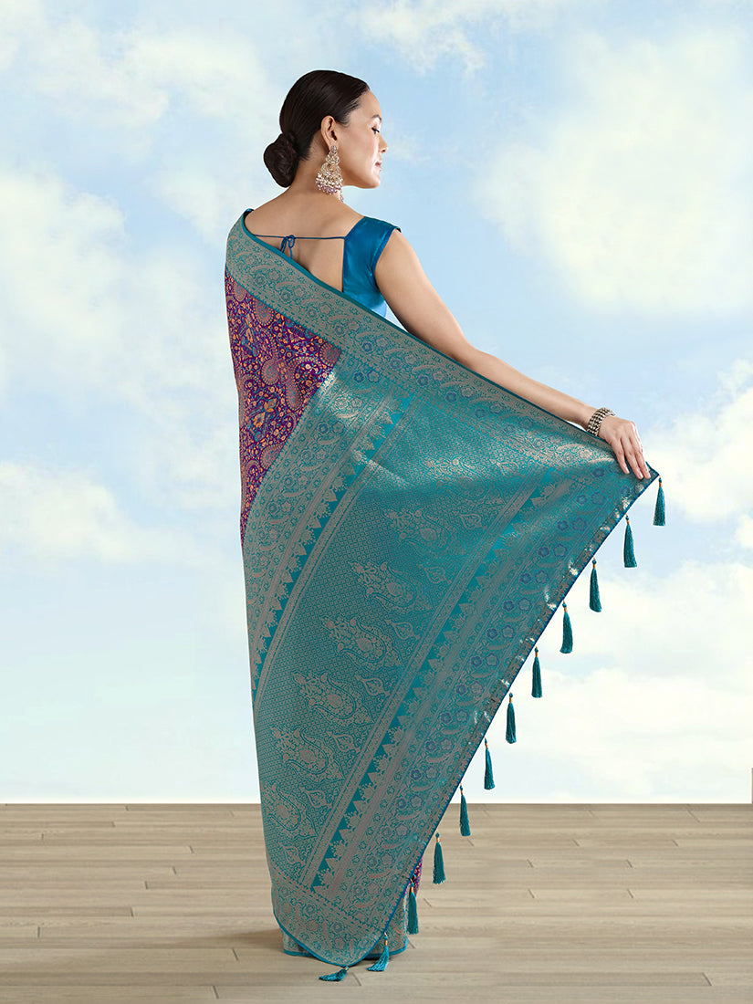 Purple Banarasi-Style Silk Blend Saree with Paisley Weave, back with pallu