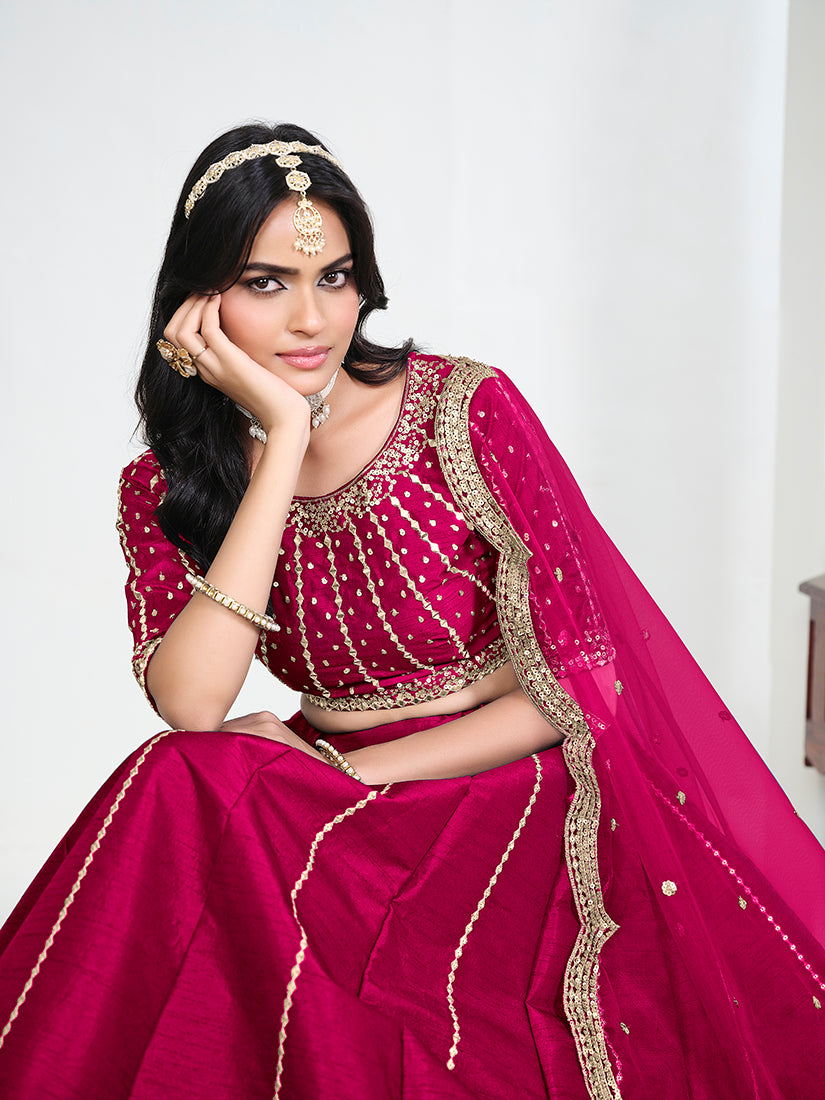 Rani Pink Art Silk Embroidered Lehenga Choli, choli close-up