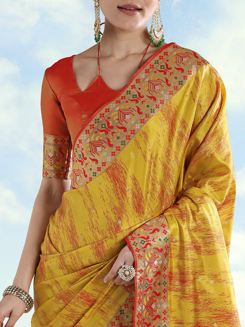 Mustard Paithani-Style Tissue Silk Saree with Contrast Border, border close-up