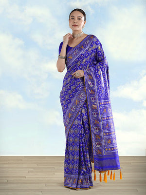 Navy Blue Patola-Style Satin Saree with Elephant Motifs