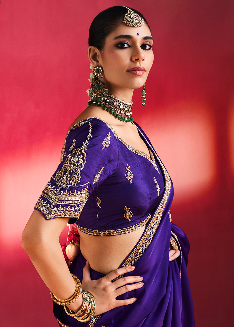 Purple Silk Blend Saree with Embroidered Blouse, blouse front