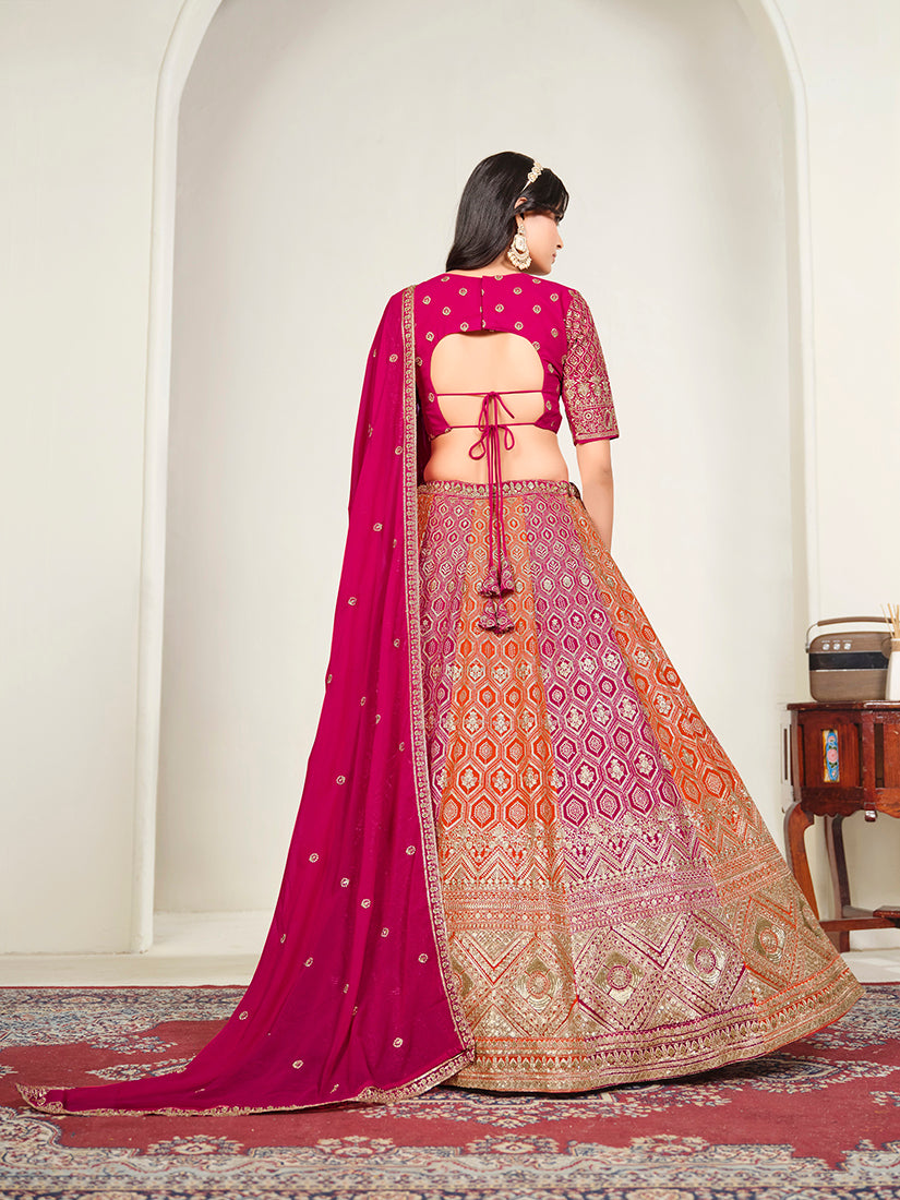 Rani Pink Georgette Embroidered Lehenga Choli, back