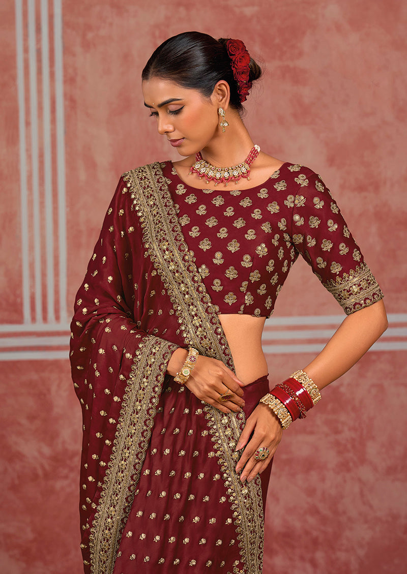 Maroon Silk Blend Saree with Embroidered Border, blouse and border close-up