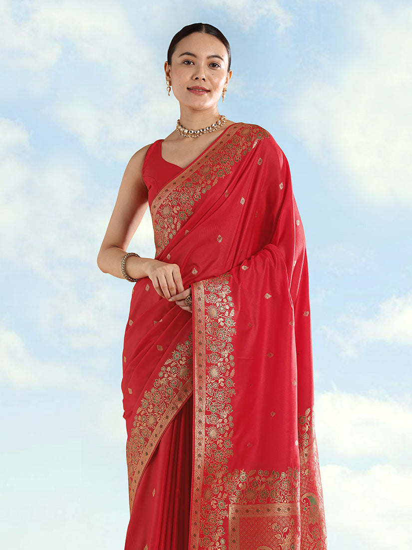 Red Banarasi-Style Satin Saree with Peacock Pallu, three-quarter view