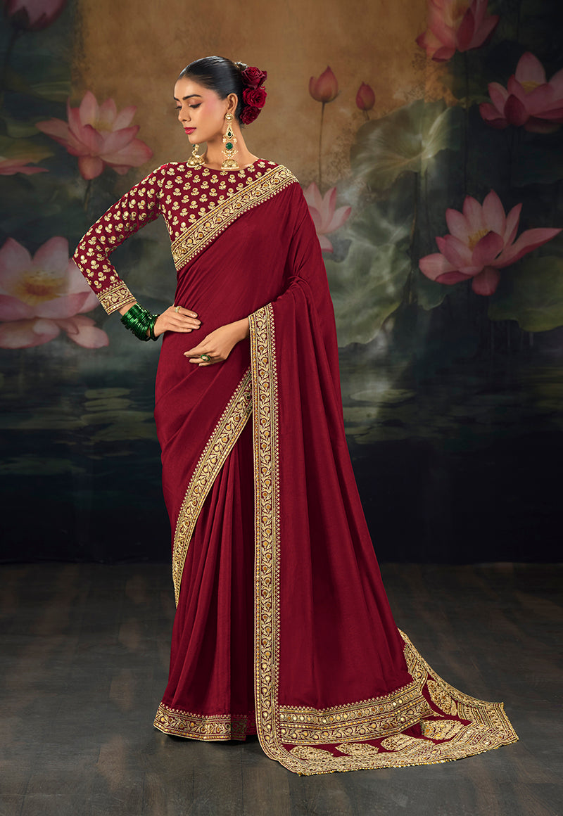Maroon Silk Blend Saree with Zari Border, front