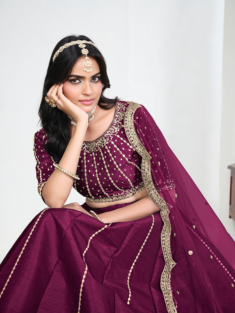 Wine Art Silk Embroidered Lehenga Choli, choli close-up