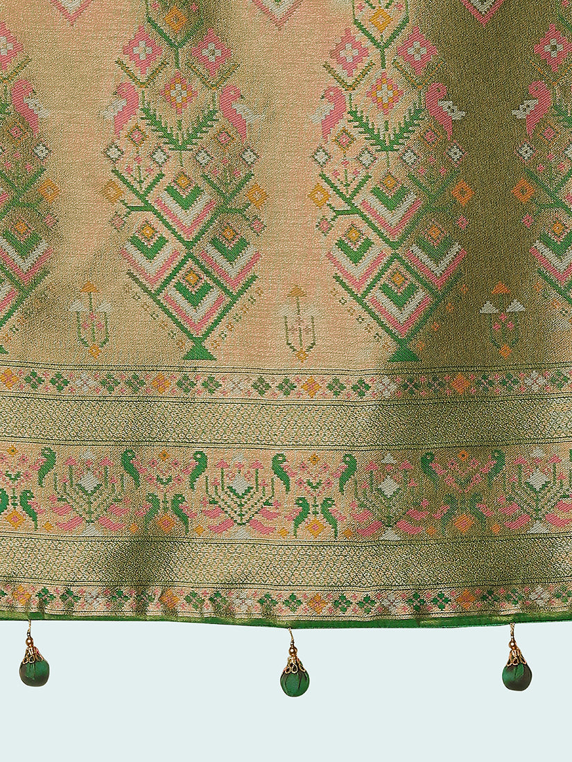 Light Pink Paithani-Style Tissue Silk Saree with Contrast Border, pallu close-up