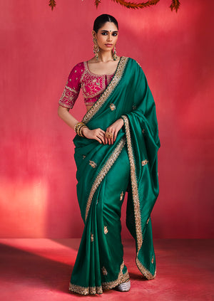 Bottle Green Silk Blend Saree with Rani Pink Blouse