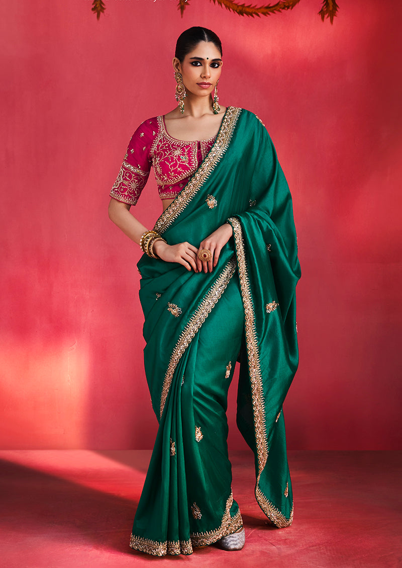 Bottle Green Silk Blend Saree with Rani Pink Blouse, front