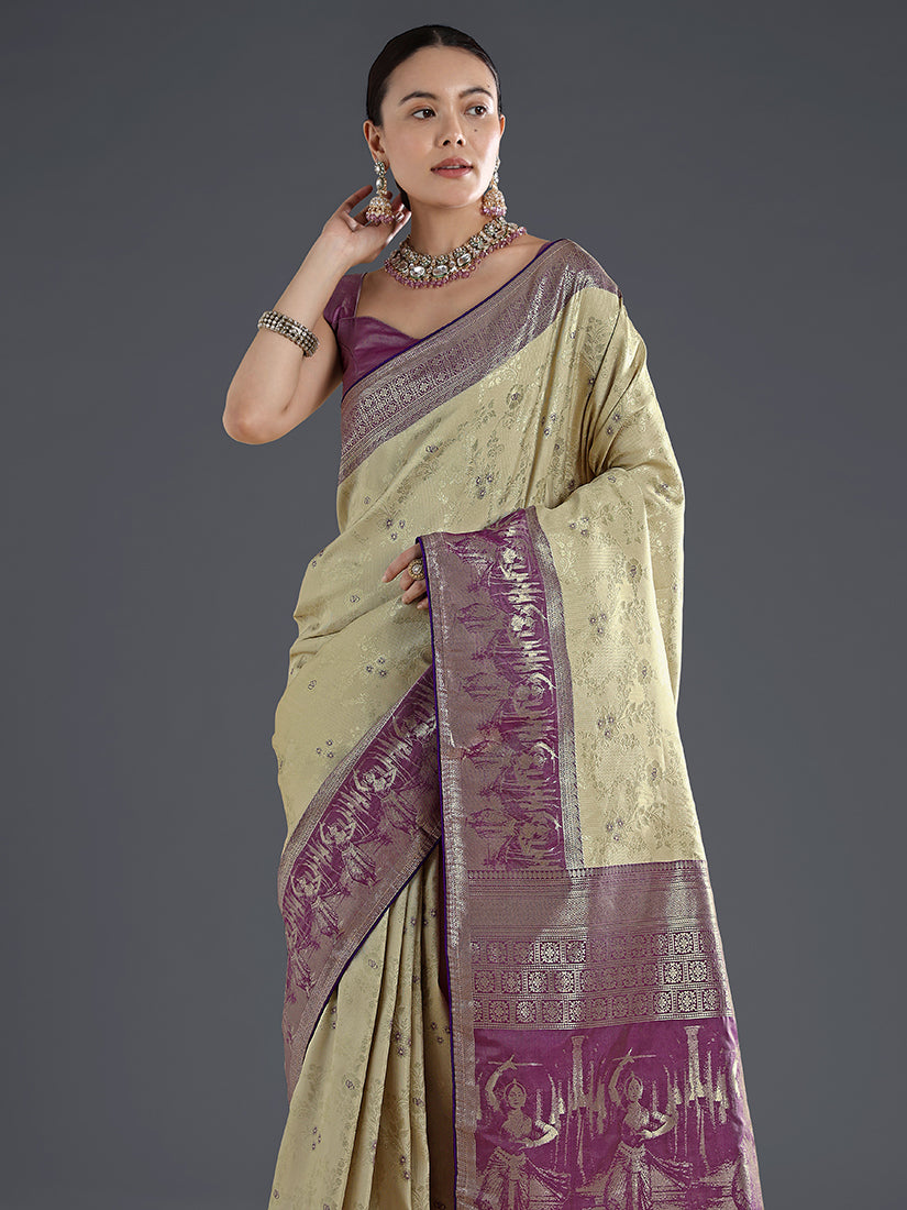 Cream Banarasi-Style Silk Blend Saree with Dancer Motif Pallu, three-quarter view
