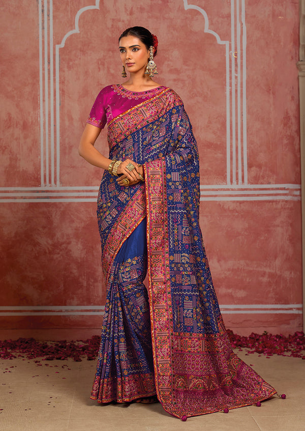 Royal Blue Silk Blend Saree with Ornate Border, front