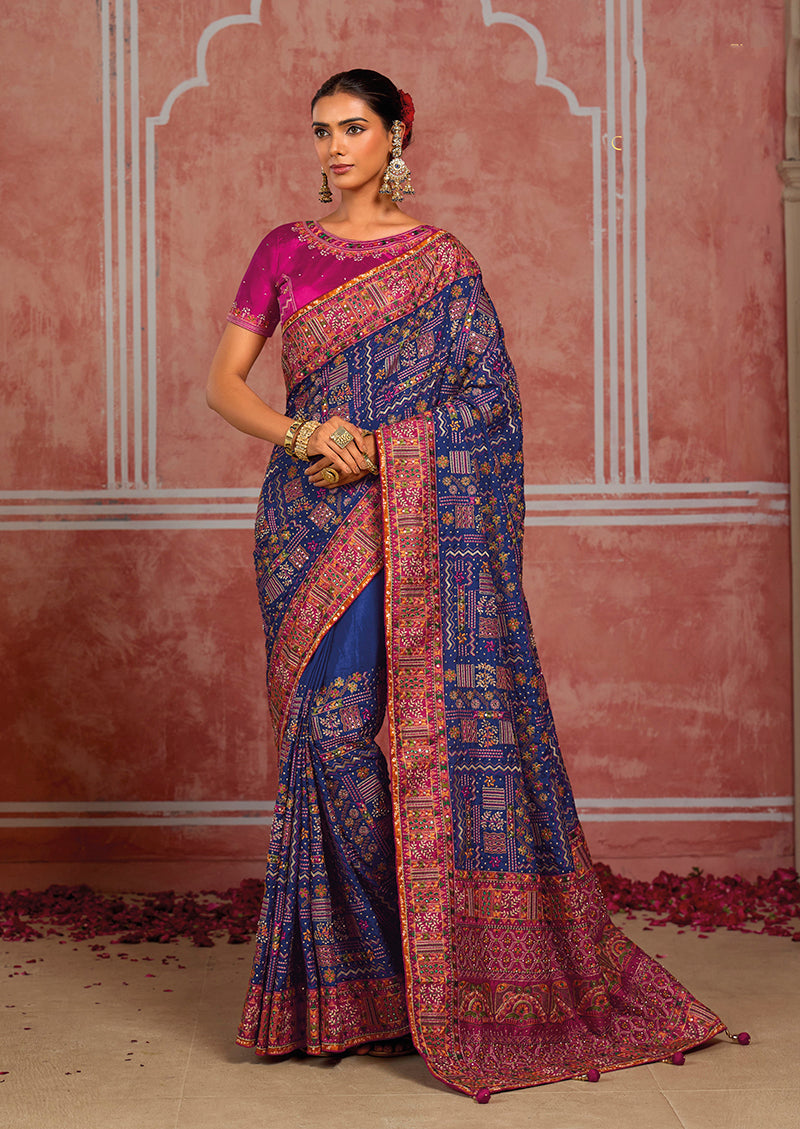 Royal Blue Silk Blend Saree with Ornate Border, front