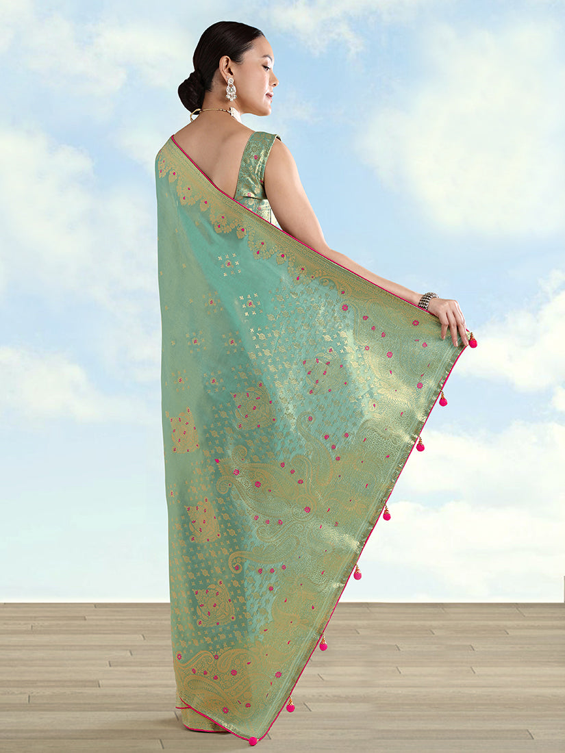 Light Blue Tissue Silk Saree with Zari Paisley Pallu, back with pallu