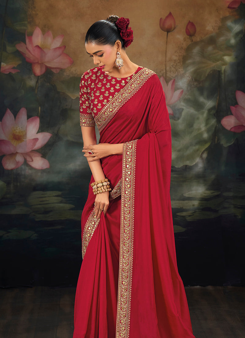 Red Silk Blend Saree with Embroidered Heritage Pallu, side drape