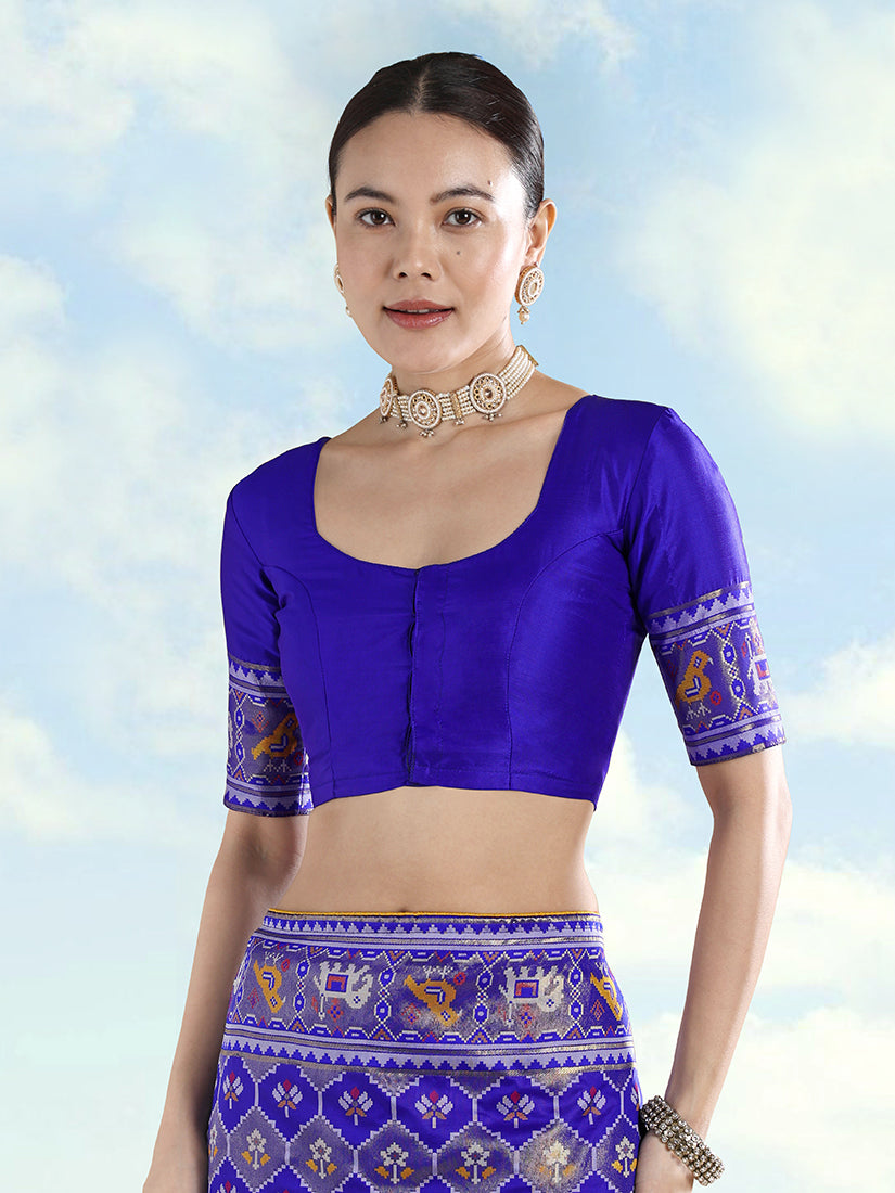 Navy Blue Patola-Style Satin Saree with Elephant Motifs, blouse front