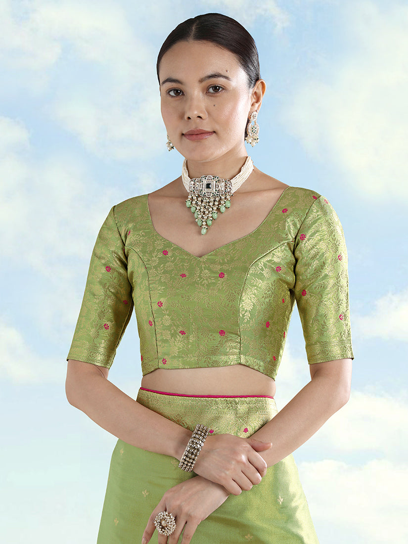Parrot Green Tissue Silk Saree with Zari Paisley Pallu, blouse front