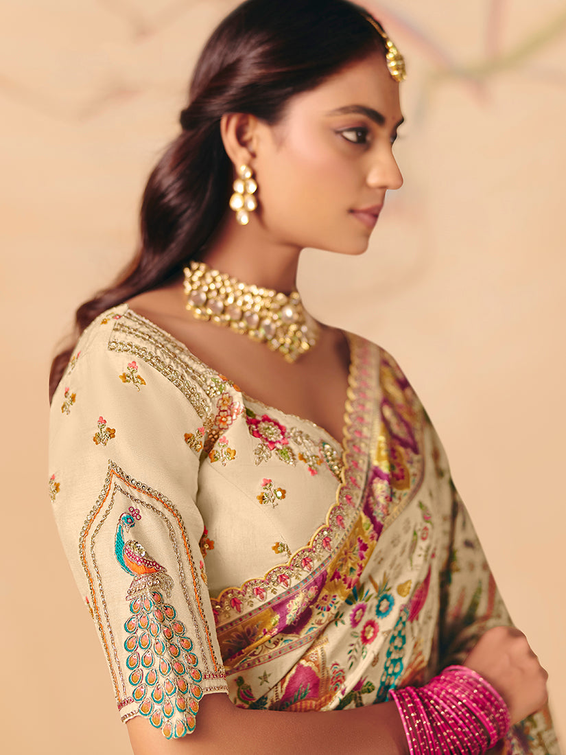 Cream Silk Blend Saree with Scalloped Embroidered Border, blouse front