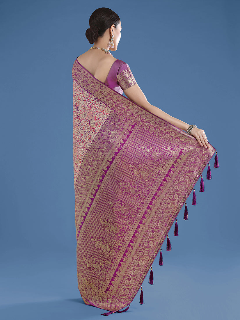 Beige Banarasi-Style Silk Blend Saree with Paisley Weave, back with pallu