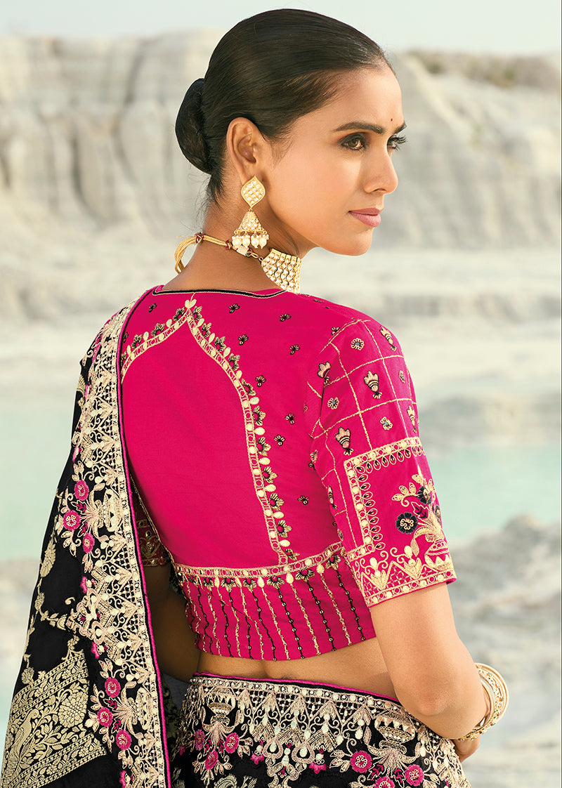 Black Silk Blend Saree with Medallion Border, back blouse detail