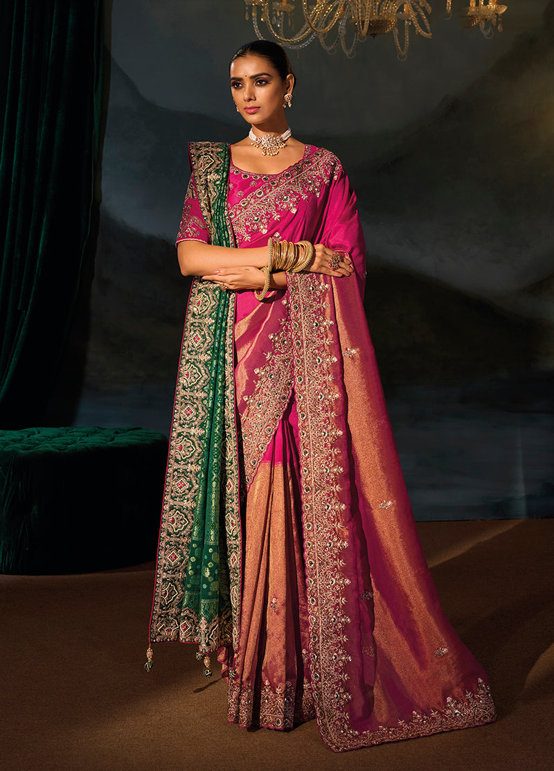Rani Pink Silk Blend Saree with Green Embroidered Pallu, front