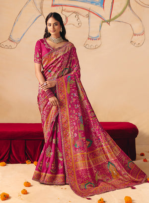 Rani Pink Silk Blend Saree with Zari Floral Motifs