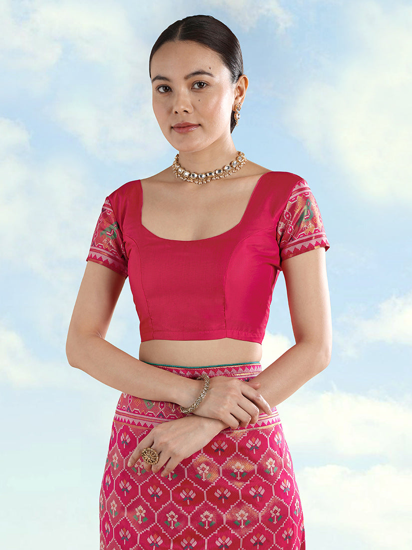 Rani Pink Patola-Style Satin Saree with Elephant Motifs, blouse front