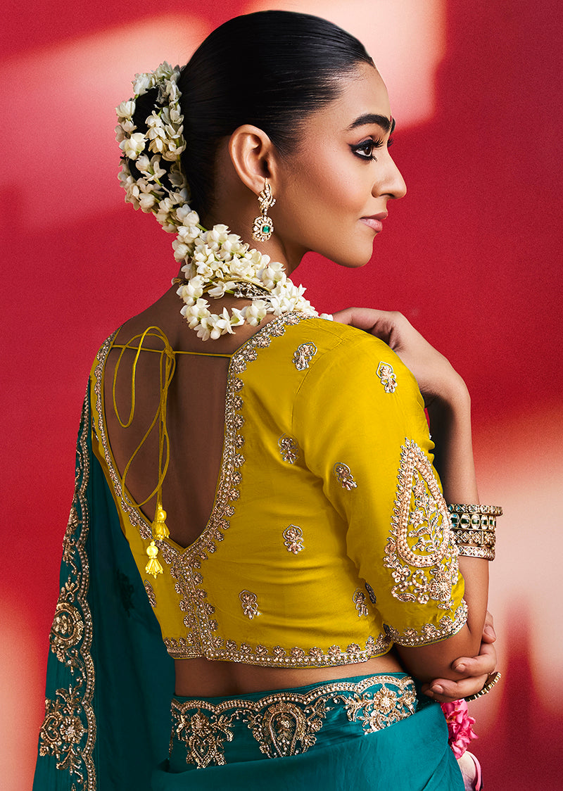 Teal Blue Silk Blend Saree with Yellow Blouse, blouse back