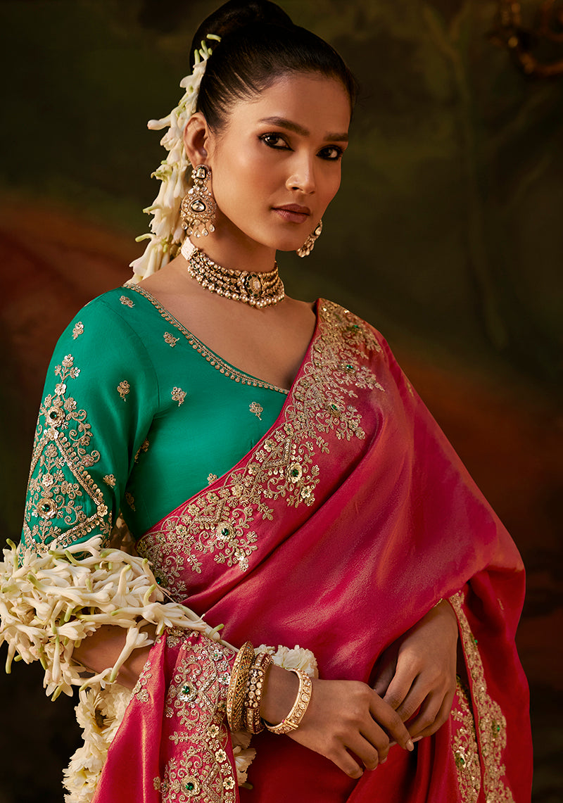 Pink Faux Tissue Saree with Embroidered Scalloped Border, blouse front