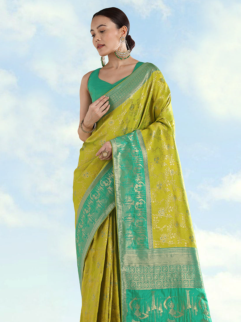 Parrot Green Banarasi-Style Silk Blend Saree with Dancer Motif Pallu, three-quarter view