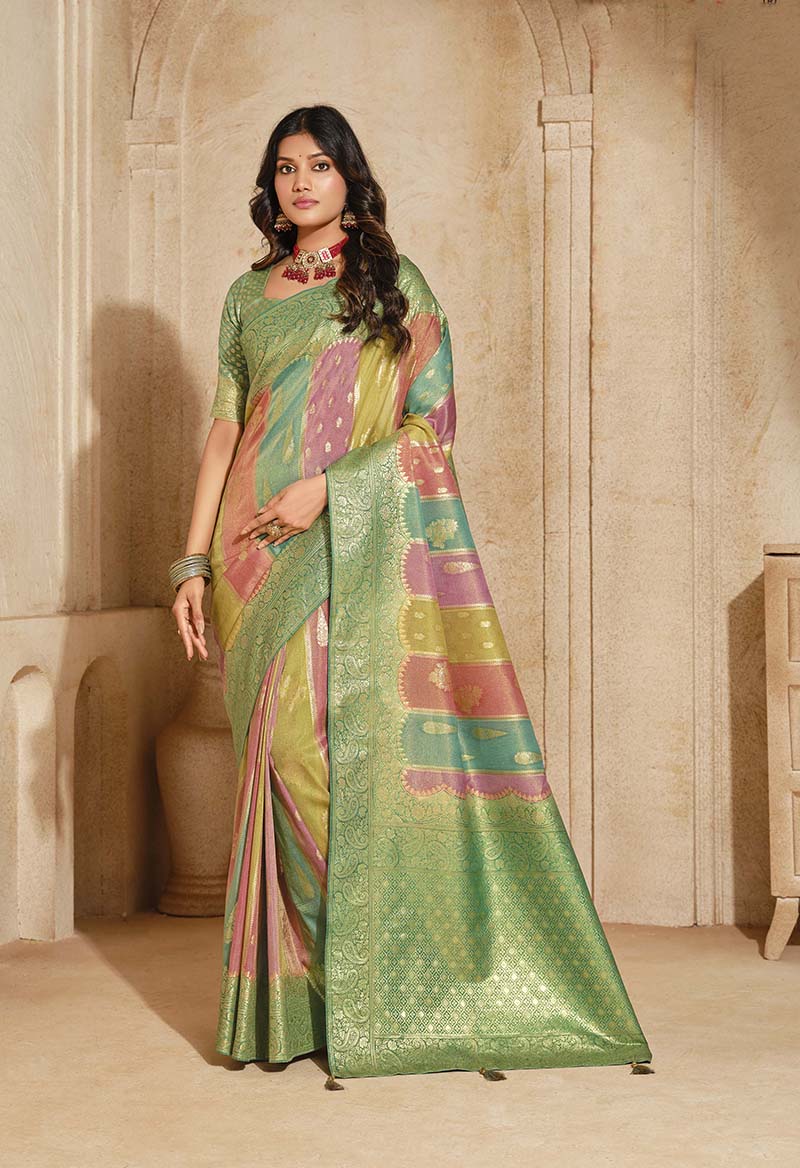 Multicolor Silk Blend Saree with Woven Zari Motifs, front