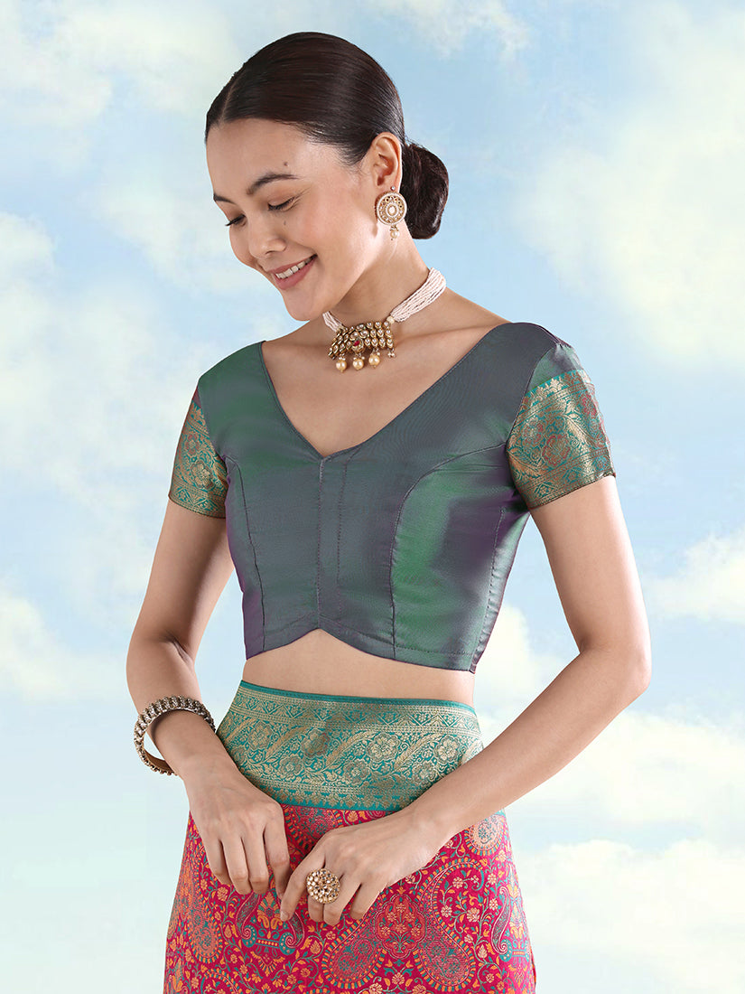 Rani Pink Banarasi-Style Silk Blend Saree with Paisley Weave, blouse front