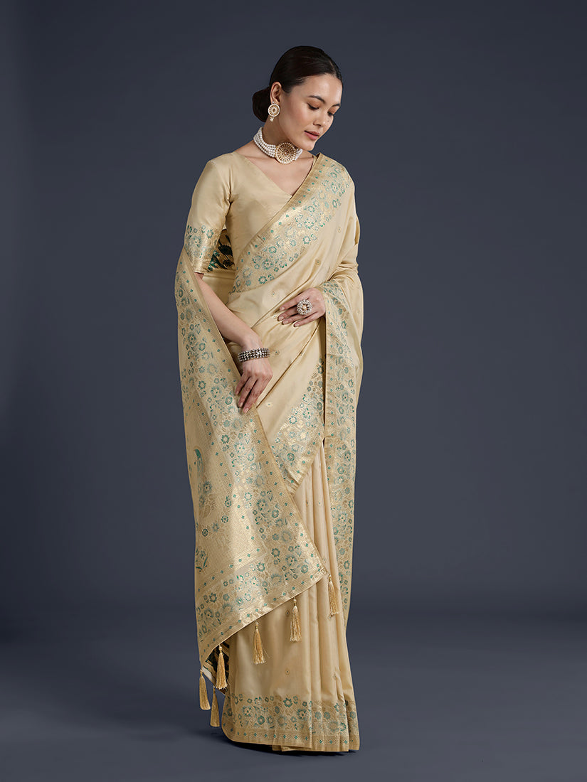 Cream Banarasi-Style Satin Saree with Peacock Pallu, front drape