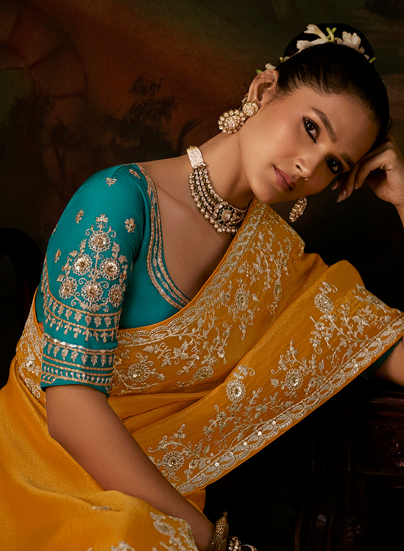 Mustard Yellow Faux Tissue Saree with Embroidered Scalloped Border, blouse front