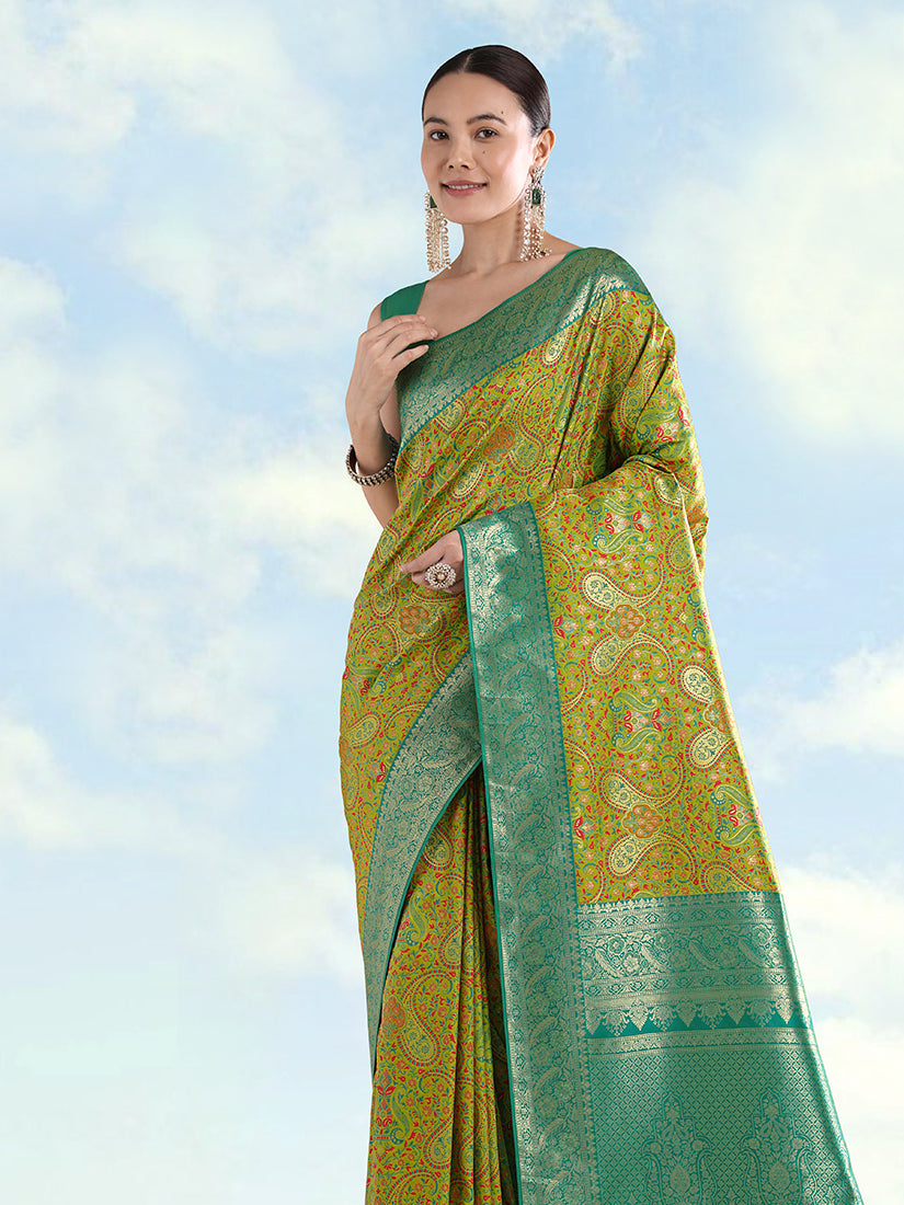 Lemon Green Banarasi-Style Silk Blend Saree with Paisley Weave, three-quarter view