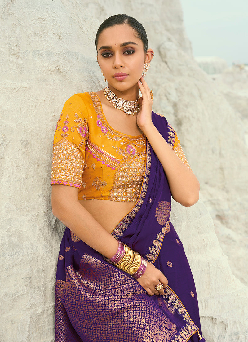 Purple Organza Saree with Floral Border, blouse embroidery close-up