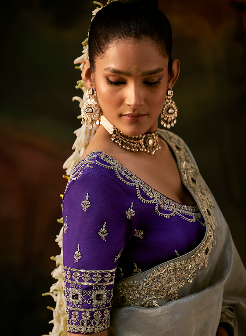 Gray Faux Tissue Saree with Embroidered Scalloped Border, blouse front