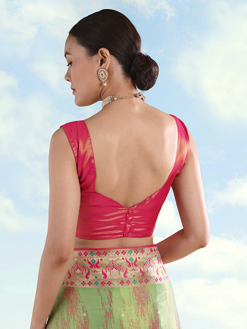 Light Green Paithani-Style Tissue Silk Saree with Contrast Border, blouse back